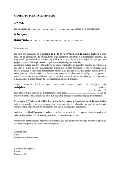 Carta de solicitud de cambio de puesto de trabajo en la misma empresa