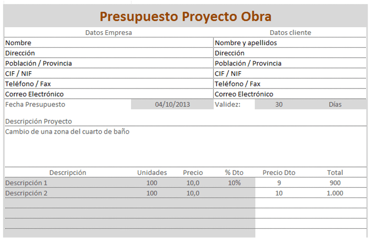 Plantilla de presupuesto de obra